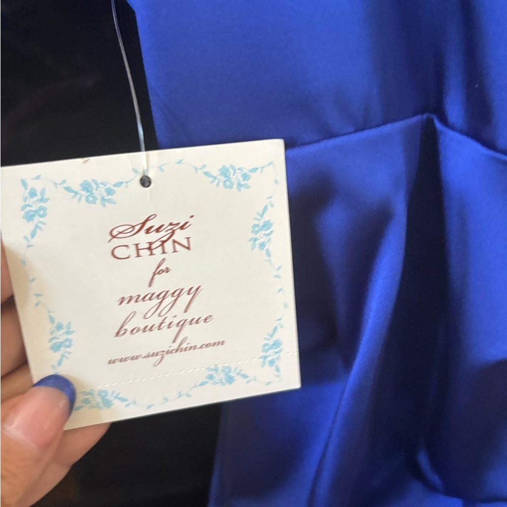 Suzi Chin for Maggy Boutique Cobalt Blue Satin Ruched Midi Dress - Picture 8 of 10
